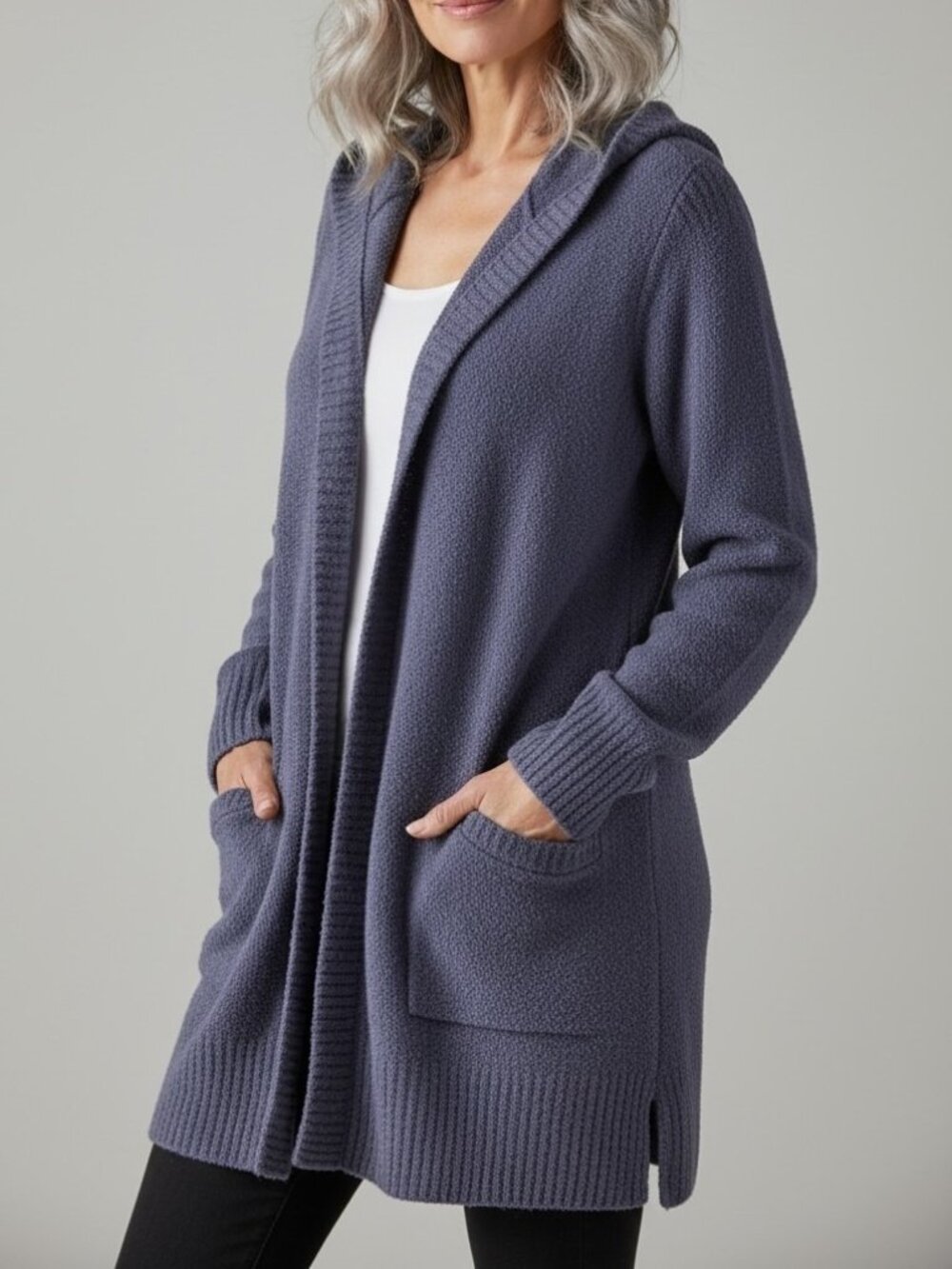 Barefoot Dreams CozyChic Lite Hooded Cardigan Purple Size L Open Front